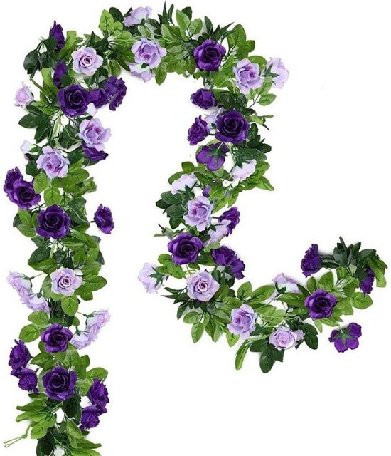 2 Stück künstliche Rosenblüten-Ranken von Sweetyhome mit grünen Blättern, 240 cm Girlande in Violett für Hochzeit und Dekoration - Bild 1