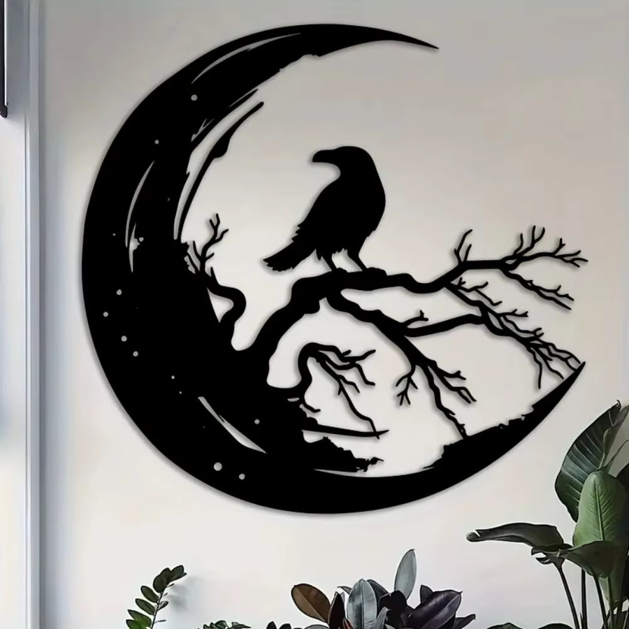 CIFBUY Raven Moon Metall-Wandkunst, gotische Aluminiumskulptur in Schwarz, Durchmesser: 40 cm - Bild 5