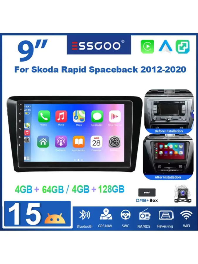 ESSGOOO Android 15 Autoradio mit 9 Zoll Display für Skoda Rapid Spaceback 2012-2020, Kabelloses CarPlay, GPS, WiFi, Bluetooth, Schwarz - Bild 6