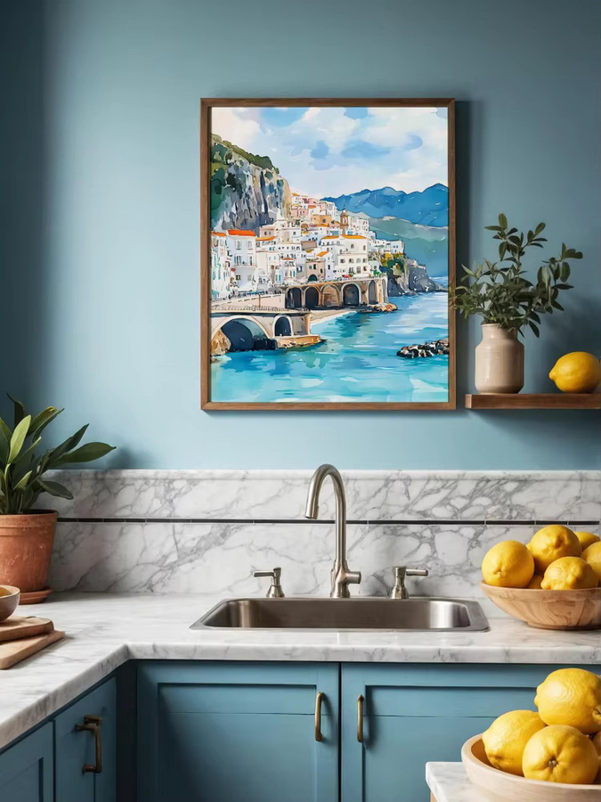 Aquarell Kunstdruck Amalfi Küste Italien als mediterrane Küstenlandschaft Wanddekoration in Mehrfarbig - Bild 6