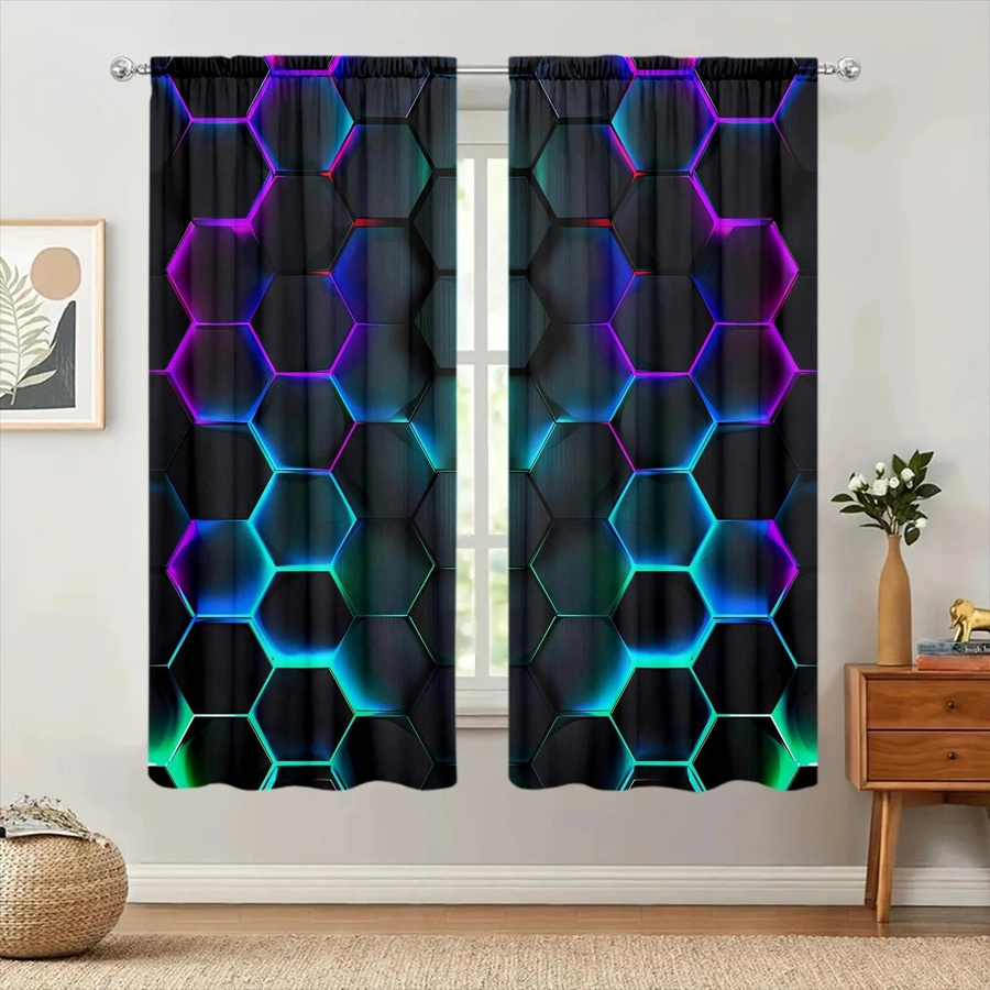 Futurismus Sechseckige Kunst Vorhang Set mit Stangentasche, halbtransparent, Mehrfarbig, B: 52,5 cm, H: 116 cm, 2 Stück - Bild 4