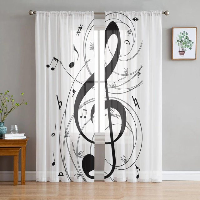 Transparente Voile-Tüllvorhänge mit Musiksymbol in Schwarz und Weiß, Breite: 135 cm, Höhe: 114 cm - Bild 1
