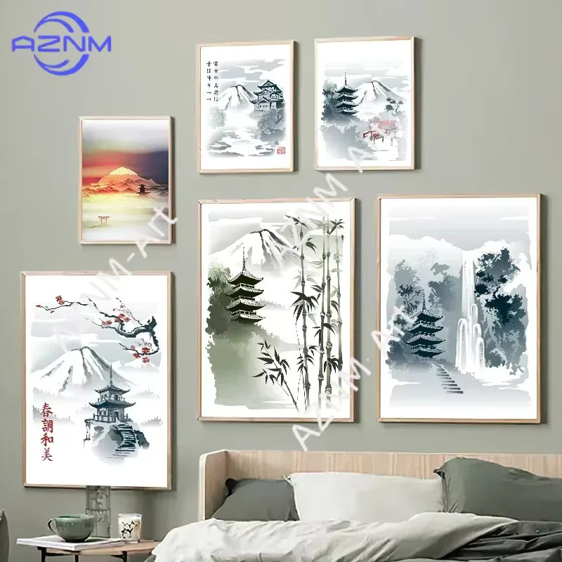 KAYOU Japanisches Leinwandgemälde mit Naturlandschaft und Bambus in Mehrfarbig, Rechteckiges Wandbild im Orientalischen Stil - Bild 2