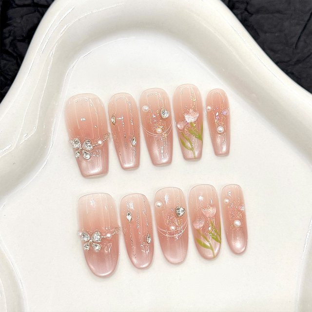 YADORNOS Press On Nails, rosa, glänzend, Tulpe Blume, 10 Stück - Bild 1