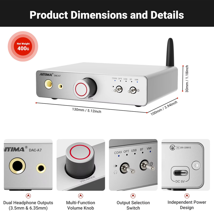 AIYIMA DAC-A7 Mini Stereo Audio USB-Decoder und Kopfhörerverstärker mit Bluetooth 5.4 und ES9038Q2M in Silber - Bild 2