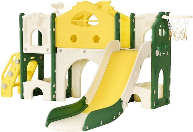 PXloue Kinderrutsche mit Klettergerüst 7 in 1 Indoor und Outdoor Babyrutsche mit Basketballkorb Tunnel Spielteleskope Stauraum - Bild 1