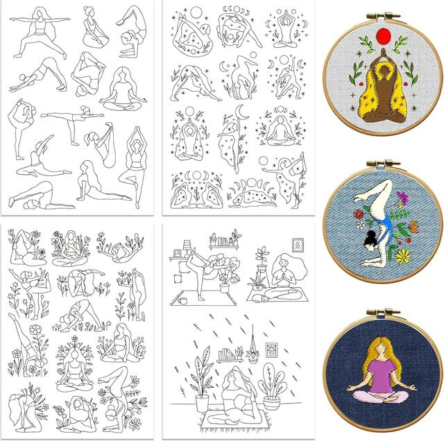 4 Blatt A4 Kaltwasserlösliche Stickfolie mit selbstklebenden Yoga- und Fitness-Designs für deine DIY-Sportbekleidungsarbeiten - Bild 1