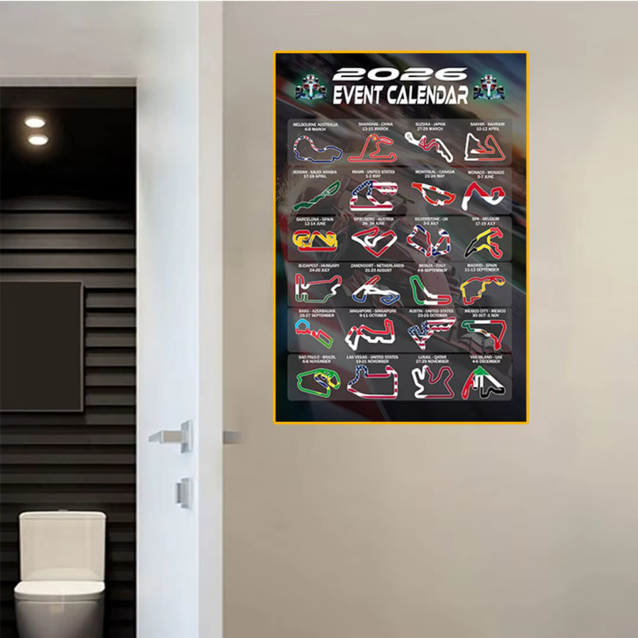 Geschenke und Versuchungen 2026 Formel Racing Event Kalender Poster mit Track Layouts und Nationalflaggen, Wandkunstdruck in Mehrfarbig - Bild 3