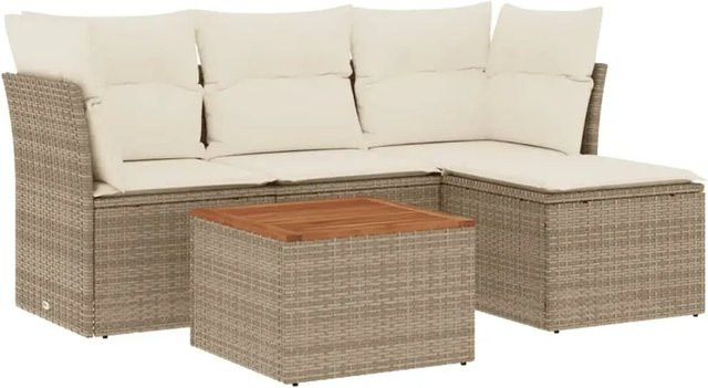 vidaXL 5-teilige Garten-Sofagarnitur aus Poly-Rattan und Akazienholz in Beige-Creme mit Kissen - Bild 1