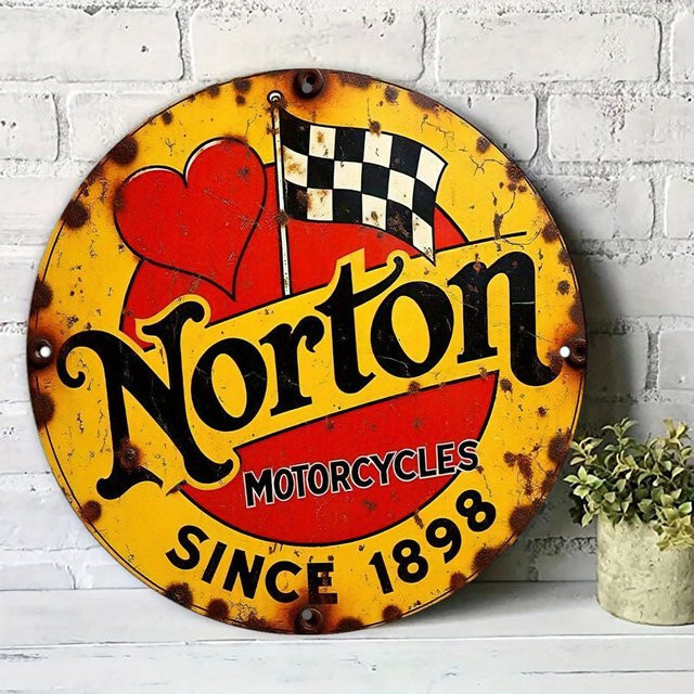 Potdemiel Vintage Norton Motorcycles Metallschild Rund mit kariertem Flaggen-Design in Multicolour, Durchmesser: 19,99 cm - Bild 1