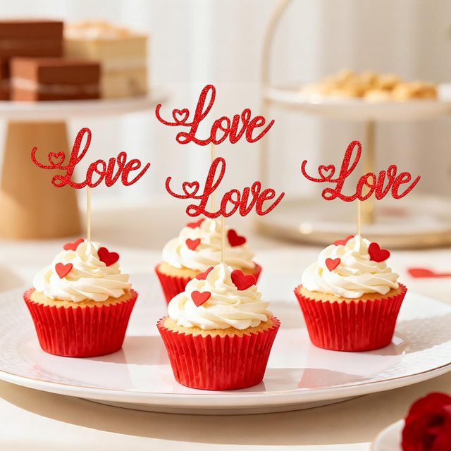 YOMDID 24 Stück Cupcake-Topper zum Valentinstag in Gold und Rot mit glitzernden Liebeszeichen als Kuchendekoration für Hochzeit und Party - Bild 1