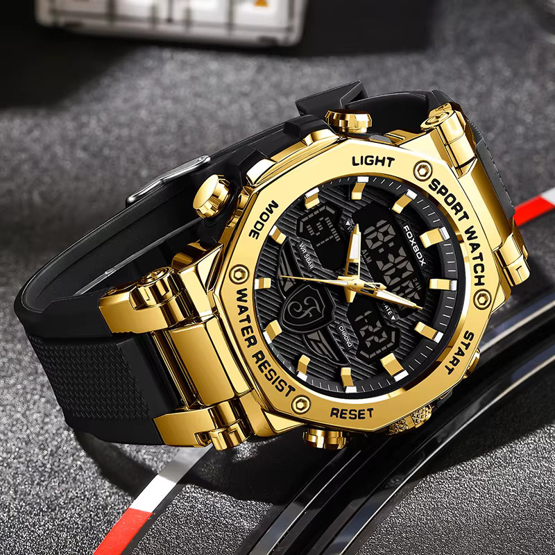 FOXBOX Chronograph Armbanduhr, Quarz, Silikon, Herren, Schwarz, Gold - Bild 4