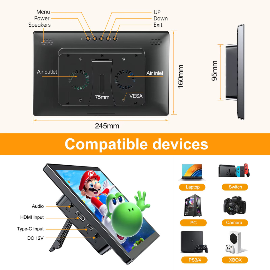 Unew 10,1 Zoll IPS Tragbarer Monitor mit 5-Punkt-Touchscreen, Full HD Auflösung, Dual-Lautsprecher und HDMI/USB-C Anschluss, Schwarz - Bild 3
