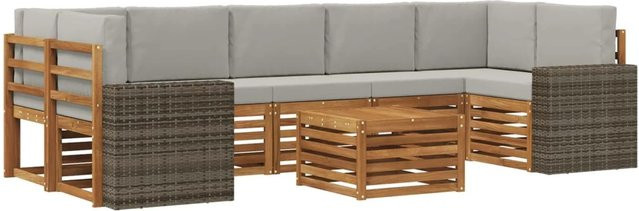 vidaXL Outdoor-Sofagarnitur L-Form aus Massivholz Akazie mit 8 Kissen in Natur und Hellgrau - Bild 1
