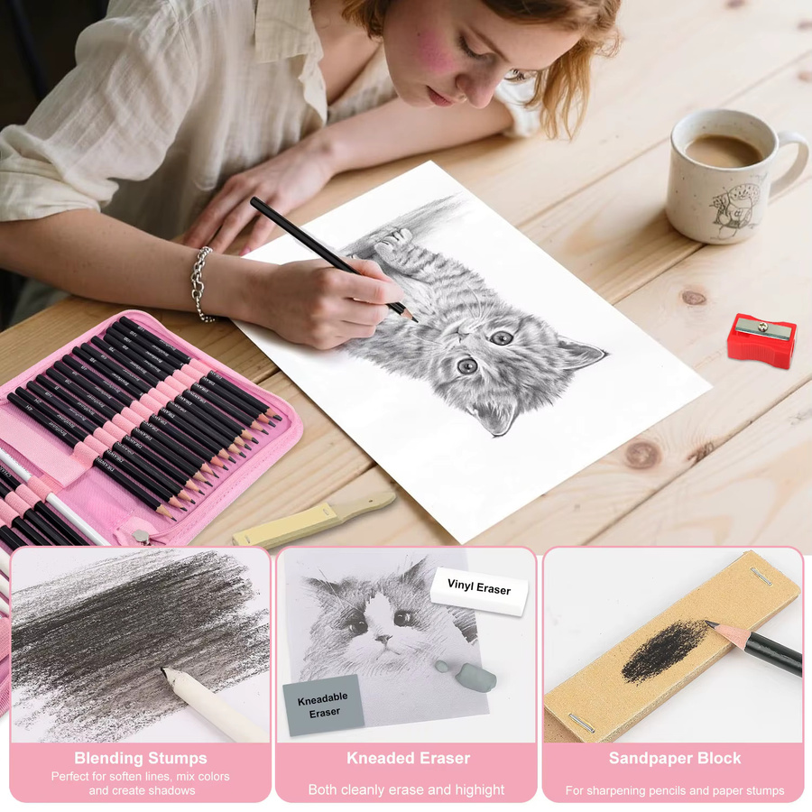 Professionelles 26-teiliges Skizzier- und Zeichenstift-Set aus Graphit und Kohle in Braun für Künstler und Erwachsene - Bild 5