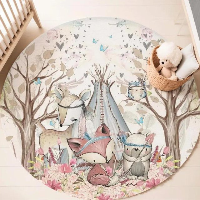Runder Teppich Karpetti mit Boho Safari Tier-Motiv in Multicolour, rutschfest und maschinell gewebt, Durchmesser: 120 cm - Bild 1