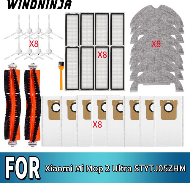 WINDNINJA Ersatzteil-Set für Xiaomi Mi Robot Vacuum Mop 2 Ultra STYTJ05ZHM in Weiß mit Hauptbürste, Seitenbürste, HEPA-Filter, Wischmopp und Staubbeuteln - Bild 1