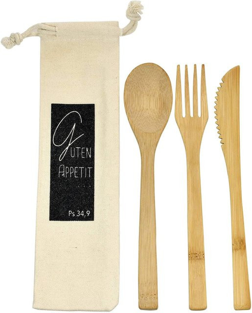 Uljö Besteckset aus Bambus in Beige mit mattem Finish bestehend aus Löffel, Gabel und Tafelmesser - Bild 1