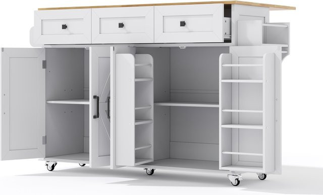 Kücheninsel TG Electrical DE im Scheunenstil mit klappbarer Arbeitsplatte, 4 Türen, 3 Schubladen und doppelseitigen Handtuchhaltern, Weiß und Natur, B: 140 cm, T: 43/70 cm, H: 90,5 cm - Bild 1