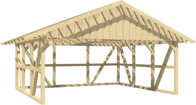 Skan Holz Carport Schwarzwald aus Fichtenholz mit Satteldach, Dachlattung und Rückwand in Natur, B/T: 684 x 600 cm - Bild 1