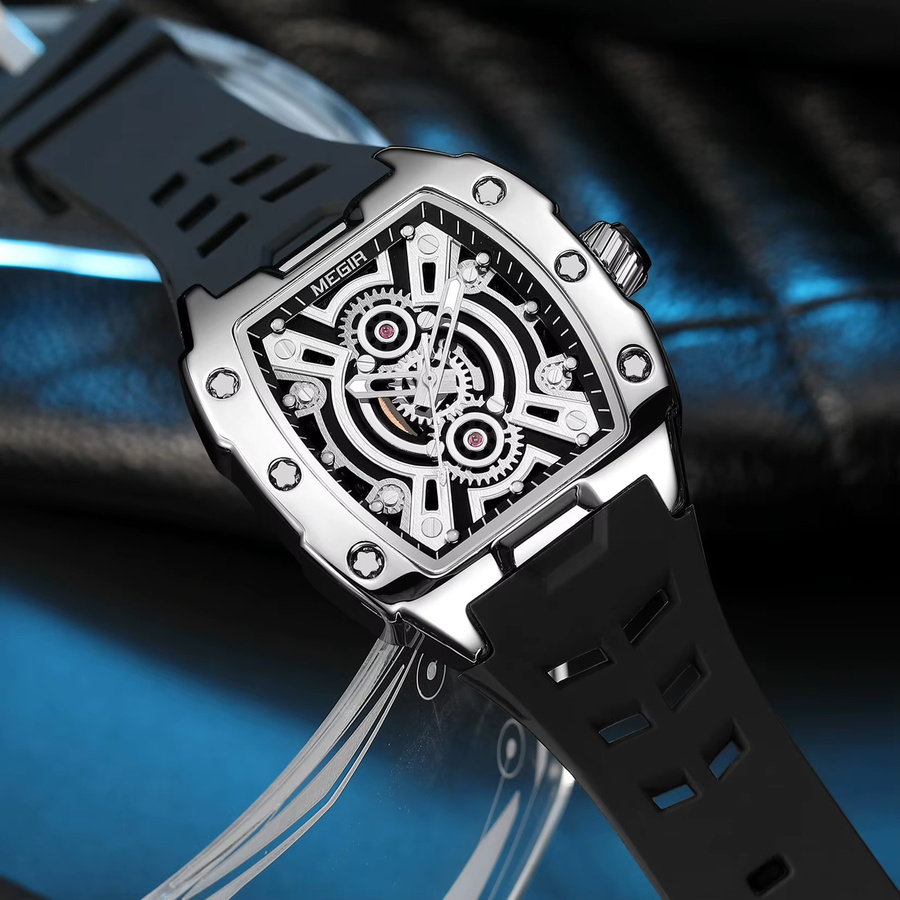 MEGIR Armbanduhr Quarz, Tonneau, 43 mm, Silikon, Schwarz, Herren - Bild 1