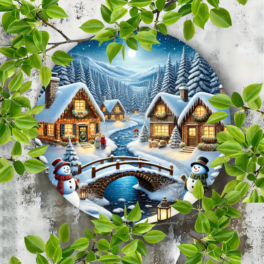 Potdemiel Winter Village Night Scene Rundes Metallblechschild Vintage Wandkunst aus Eisen, Durchmesser: 19,8 cm, Mehrfarbig - Bild 4
