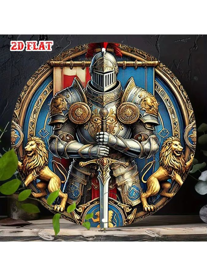 HELLOYOUNG Vintage Knightly Valor Metall-Wandkunst Aluminiumschild mit goldenen Löwen und blauem Schild, rahmenlos, B/H: 20 x 20 cm - Bild 6