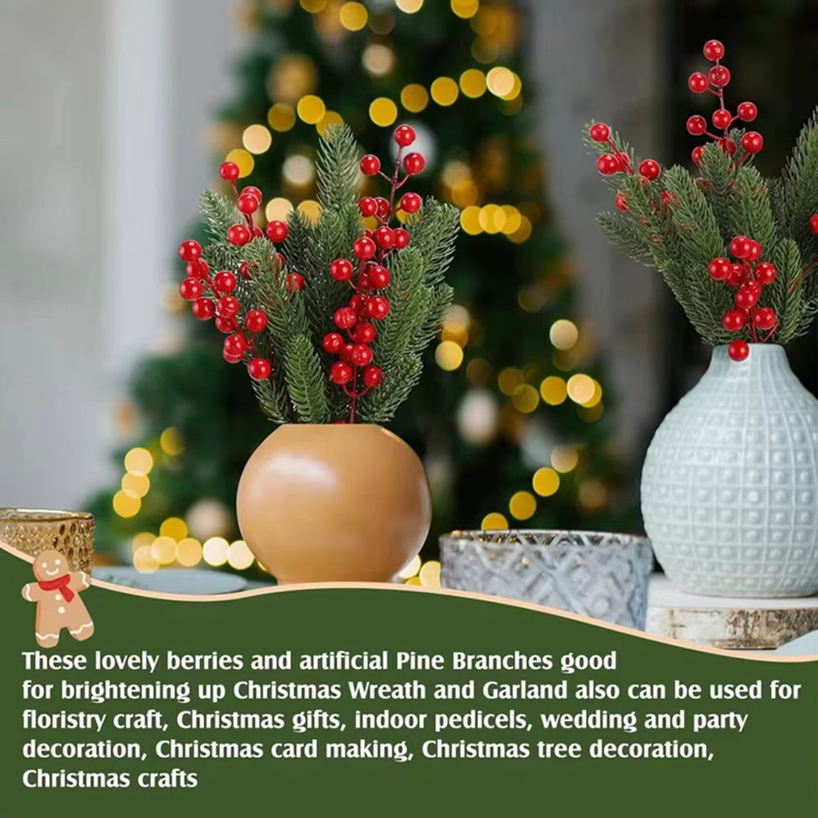 XIAOYINMO Künstliche Pflanzen mit roten Holly-Beeren für Weihnachts-Kränze und Dekoration, Rot/Grün - Bild 3