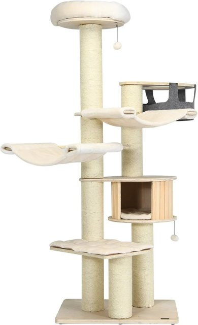 Costway Katzenkratzbaum aus Holz in Beige mit 7 Etagen, Hängematte, Höhle und integriertem Spielzeug, Höhe: 197 cm - Bild 1