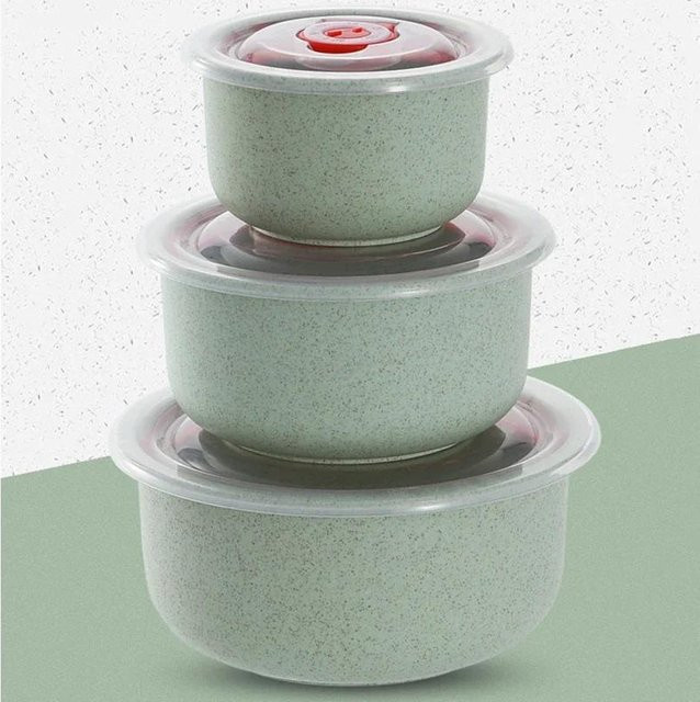 3-teiliges Frischhalte-Schüssel-Set aus Weizenstroh von Yiran Furniture in Grün, mikrowellengeeignete runde Lunchboxen mit Deckel aus Kunststoff - Bild 1