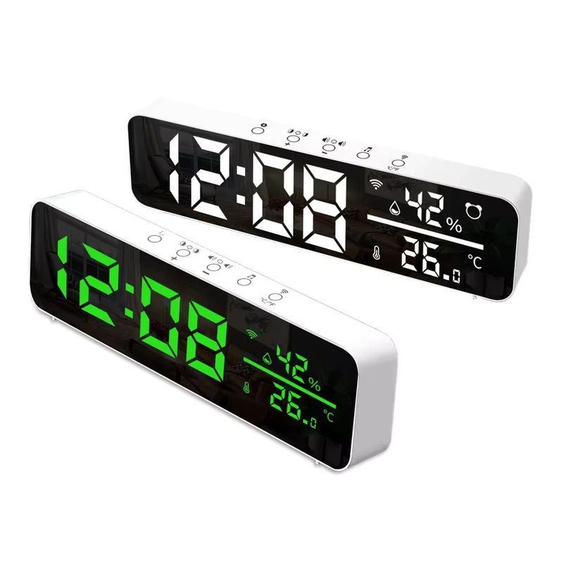 Tuya WiFi LED Wecker mit Temperatur- und Feuchtigkeitssensor, USB Desktop Spiegeluhr in Weiß - Bild 7