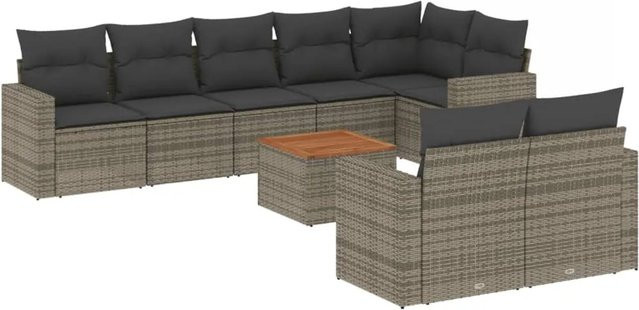 vidaXL 9-teilige Garten-Sofagarnitur aus Poly-Rattan und Akazienholz in Grau mit Kissen - Bild 1