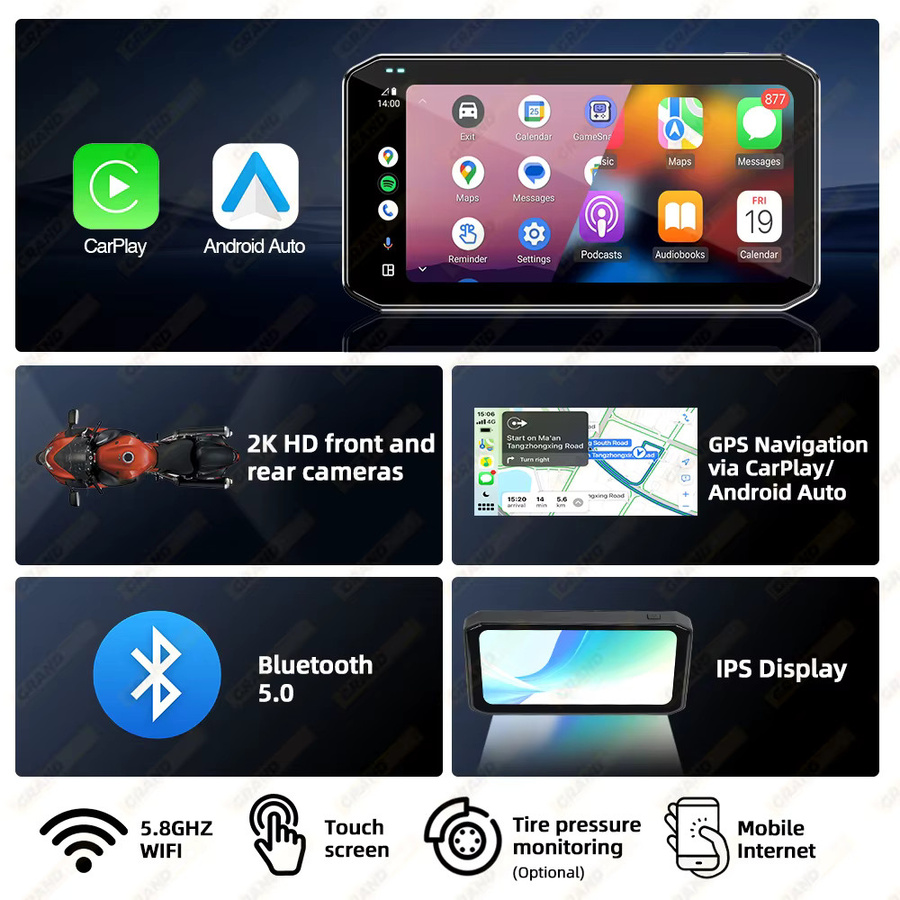 GrandNavi Tragbarer 6,25 Zoll Motorrad GPS Navigator mit Wireless CarPlay und Android Auto, IP67 Wasserdicht, Schwarz mit DVR Stick Recorder und WIFI - Bild 4