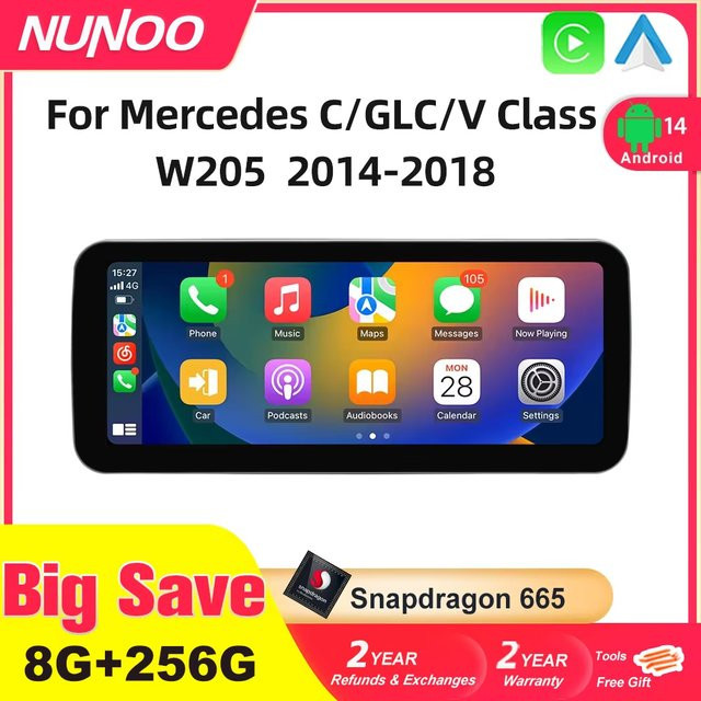 Nunoo Android 14 Multimedia-Navigationssystem für Mercedes Benz C Klasse W205 mit Wireless CarPlay, Android Auto, GPS, WiFi und DSP in Schwarz - Bild 1