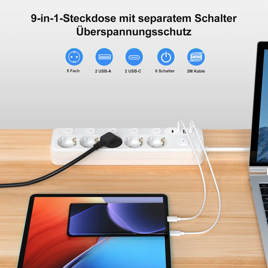 HITRENDS EU-Steckdosenleiste in Weiß mit 5 AC-Steckdosen, 2 USB-A und 2 USB-C Anschlüssen sowie Einzelschalter und 2 m Kabel - Bild 2