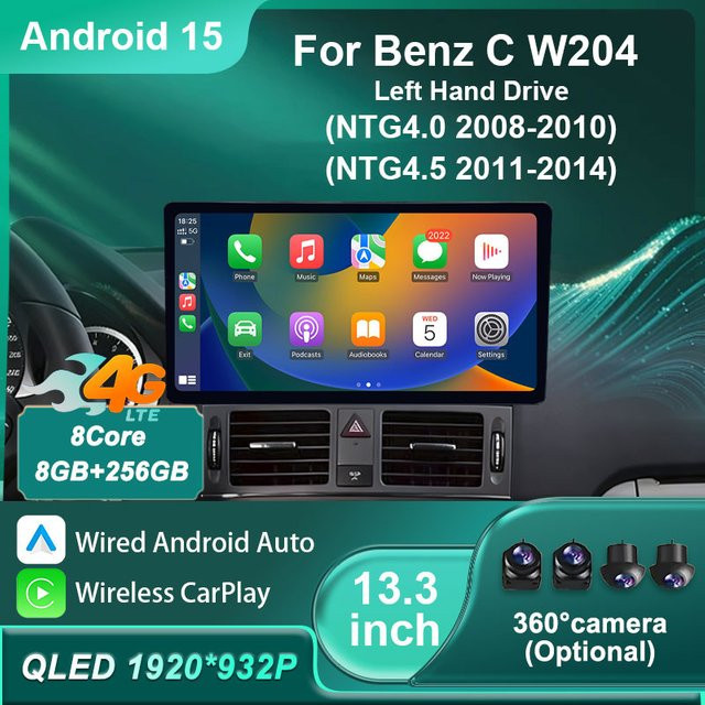 Android 15 Multimedia Autoradio für Mercedes Benz C W204 (2008-2014) mit Bluetooth, GPS, 4G und drahtlosem CarPlay in Schwarz - Bild 1