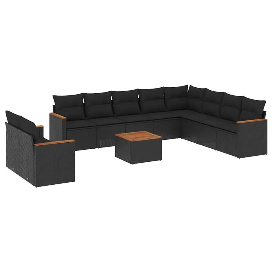 vidaXL 11-teilige Garten-Sofagarnitur in L-Form aus Polyrattan und Akazienholz mit Kissen in Schwarz - Bild 2