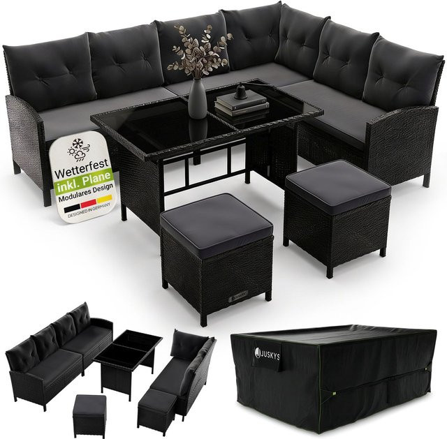 Juskys Gartenlounge Manacor Polyrattan Set in Schwarz mit grauen Sitzbezügen für 8 Personen inklusive Tisch, Hocker, Kissen und Abdeckung - Bild 1