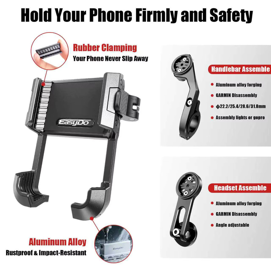 Easydo Aluminium-Fahrrad-Handyhalterung und E-Scooter-Halterung mit Anti-Vibrations-Funktion für Handys von 4,7 bis 7,2 Zoll und GoPro in Schwarz - Bild 2