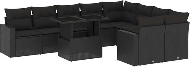 vidaXL 10-tlg. Garten-Sofagarnitur in L-Form aus Poly-Rattan mit Kissen und Armlehnen, Schwarz - Bild 1