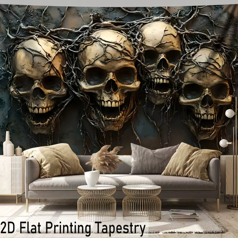VIKAMA Wandteppich mit Totenkopf und Totenranken im Vintage-Stil mit 3D-Design als Wandbehang für dein Wohnzimmer oder Schlafzimmer - Bild 3