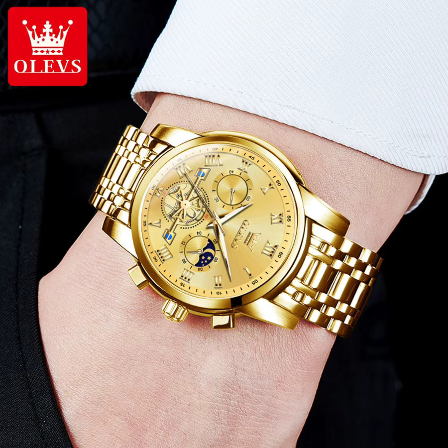 Olevs Armbanduhr Herren, Quarz, Edelstahl, Gold, Blau, Rund - Bild 2