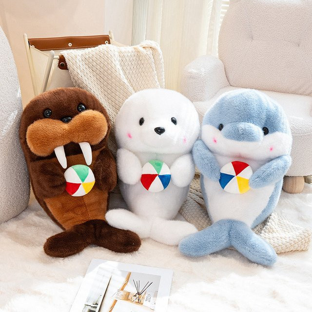 MIAOOWA Marine-Aquarium Serie Kuscheltiere Delfin Robbe Walross mit Ball weiche Cartoon-Plüschtiere für Kinder - Bild 1