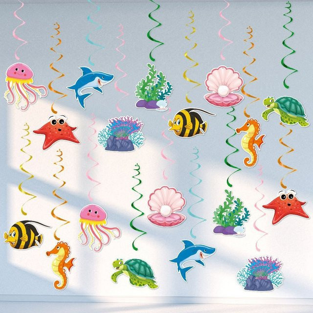 Gooparty Unter dem Meer Spirale hängende Anhänger in Multicolour mit Muscheln, Seesternen, Seepferdchen und Algen aus Papier für deine Sommerparty und Geburtstagsdeko - Bild 1