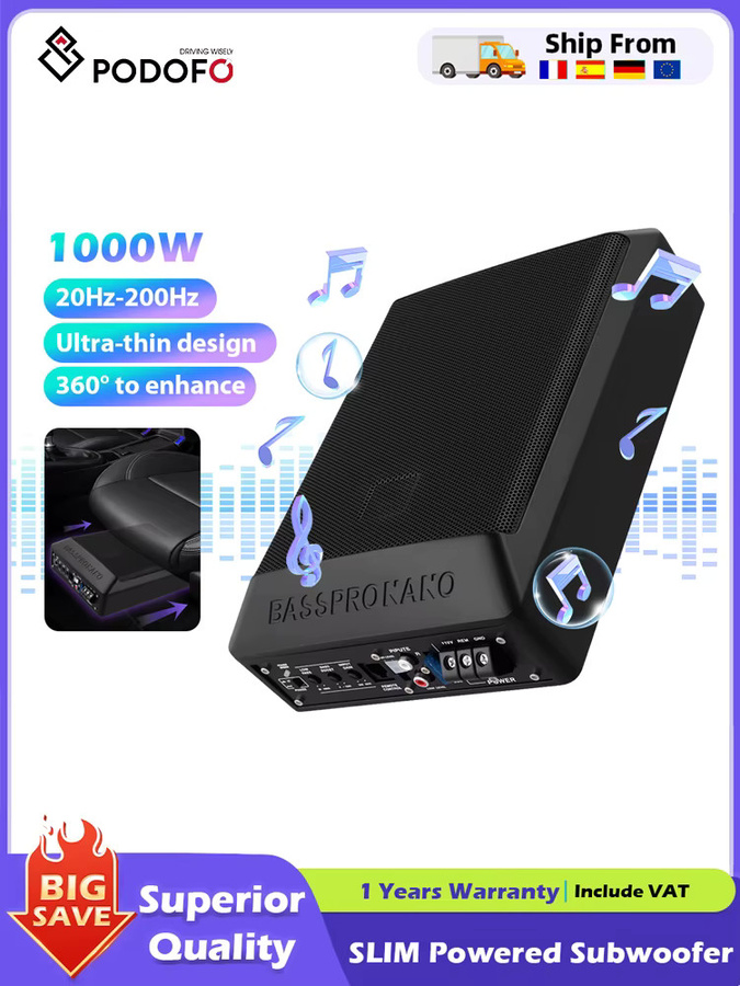 Podofo Aktiv-Subwoofer für unter den Autositz mit Verstärker-Kit und Audiokabel, Schwarz - Bild 6