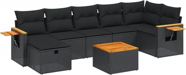 vidaXL 8-tlg Garten-Sofagarnitur in L-Form aus schwarzem Poly-Rattan mit wetterfesten Kissen und pulverbeschichtetem Stahlgestell - Bild 1