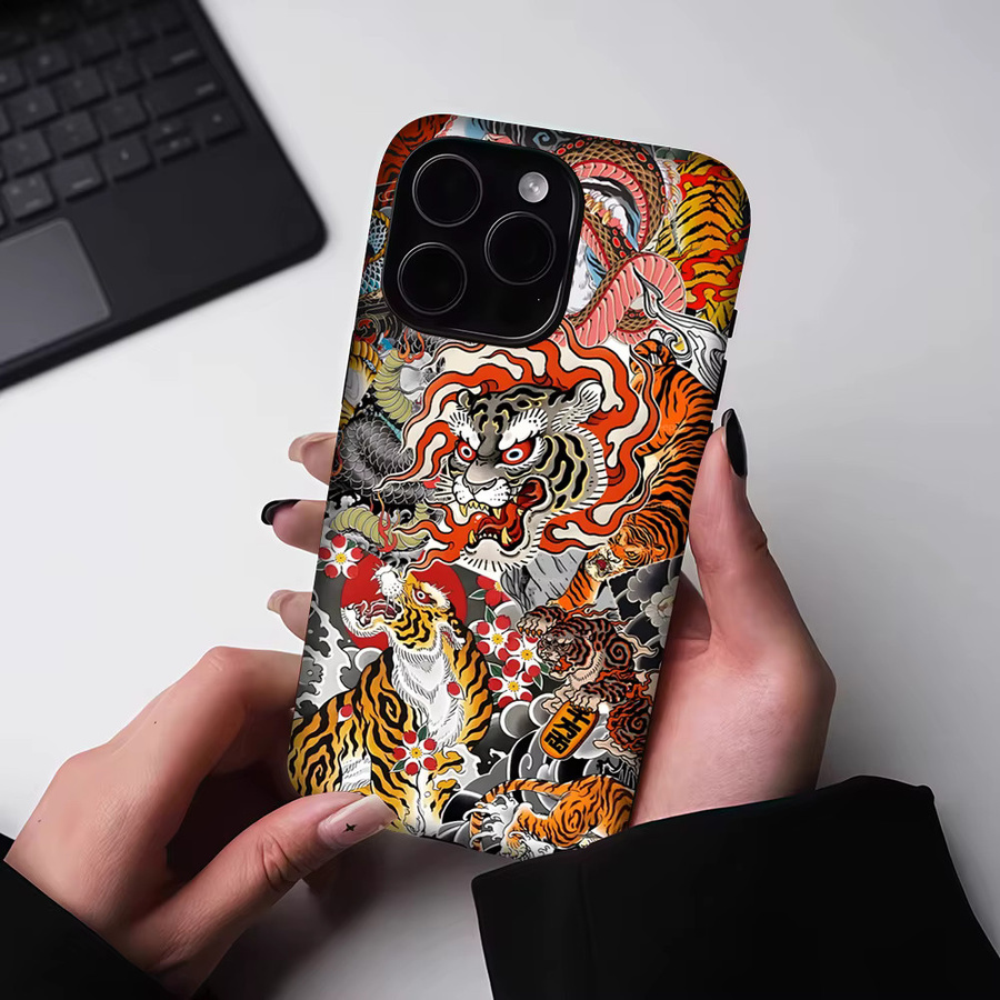 Potdemiel Magnetische Handyhülle mit Japanischer Tiger- & Drachen-Collage für iPhone 17 16 15 14 13 Pro Max Plus, Mehrfarbig, Robuste Einzel- & Doppelschicht-Hülle - Bild 5