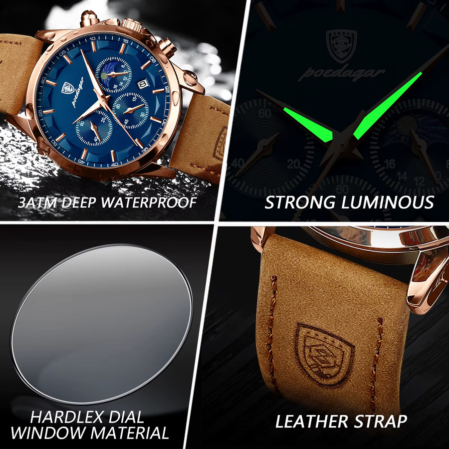 POEDAGAR Chronograph Armbanduhr, Quarz, Leder, Blau, Roségold, Herren - Bild 5