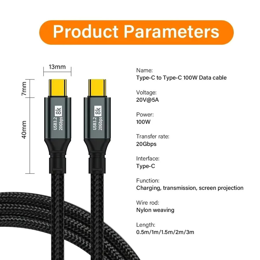 USB-C auf USB-C Datenkabel Thunderbolt 3, 8K 60Hz, PD 100W, USB 3.2 20Gbps, Schwarz - Bild 4