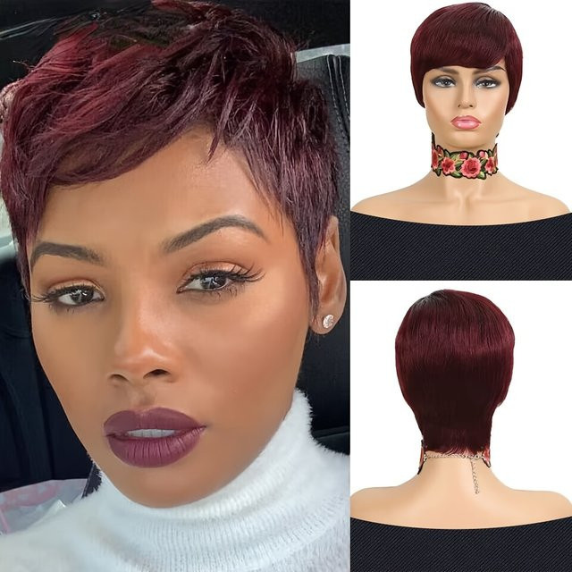 Lolely Dream Perücke, Bob Pixie Cut mit Pony, Rot Burgund, Echthaar, Damen - Bild 1